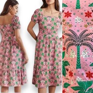 Boden Cotton Pink Palm Square neck Tiered Midi Dress size 14R